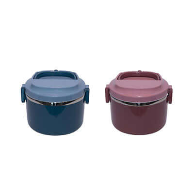 Round Single Layer Lunch Box 1000ml in blue and pink colors, perfect for corporate gifts and meal storage.