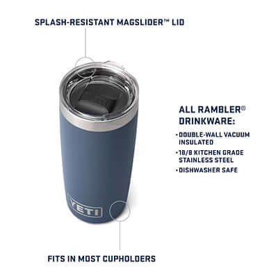 Yeti Rambler® Tumbler with Magslider™ Lid features splash-resistant lid, fits in cupholders, and is dishwasher safe.