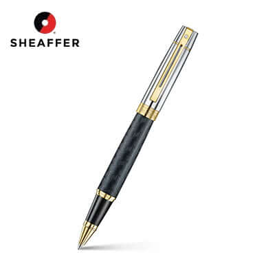 Sheaffer Engraved Black Rollerball Pen with Chrome Cap and Gold Trims on a white background
