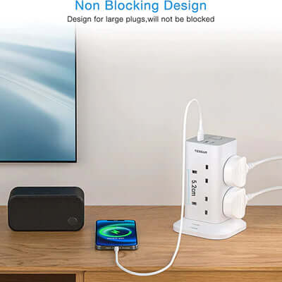 TESSAN Extension Cord Tower 8 Ways with 2 USB-A & 1 USB-C Ports in a modern home setting, showcasing non-blocking design.