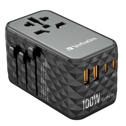 Verbatim 32121 GaN III 100W Universal Travel Adapter with multiple ports for charging devices.
