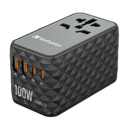 Verbatim 32121 GaN III 100W Universal Travel Adapter with multiple USB ports and AC outlet.