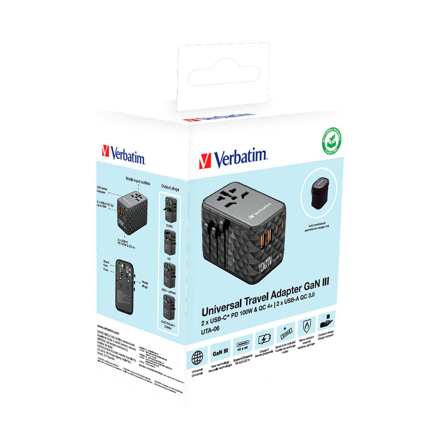Verbatim 32121 GaN III 100W Universal Travel Adapter packaging showing charging outputs and design.
