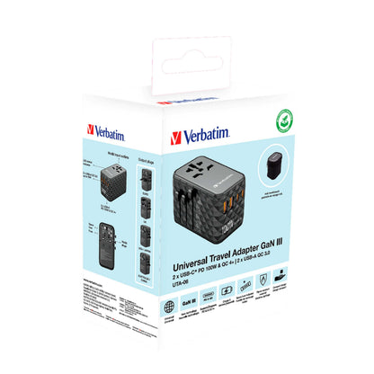 Verbatim 32121 GaN III 100W Universal Travel Adapter packaging showing charging outputs and design.