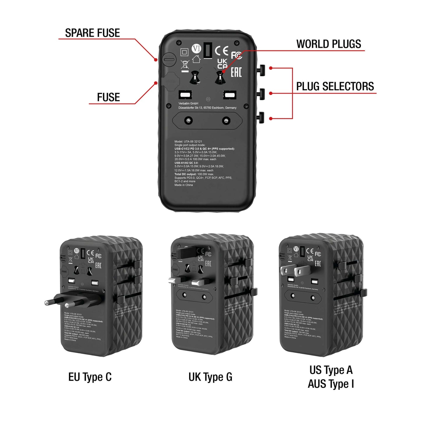 Verbatim 32121 GaN III 100W Universal Travel Adapter showcasing world plugs and plug selectors.