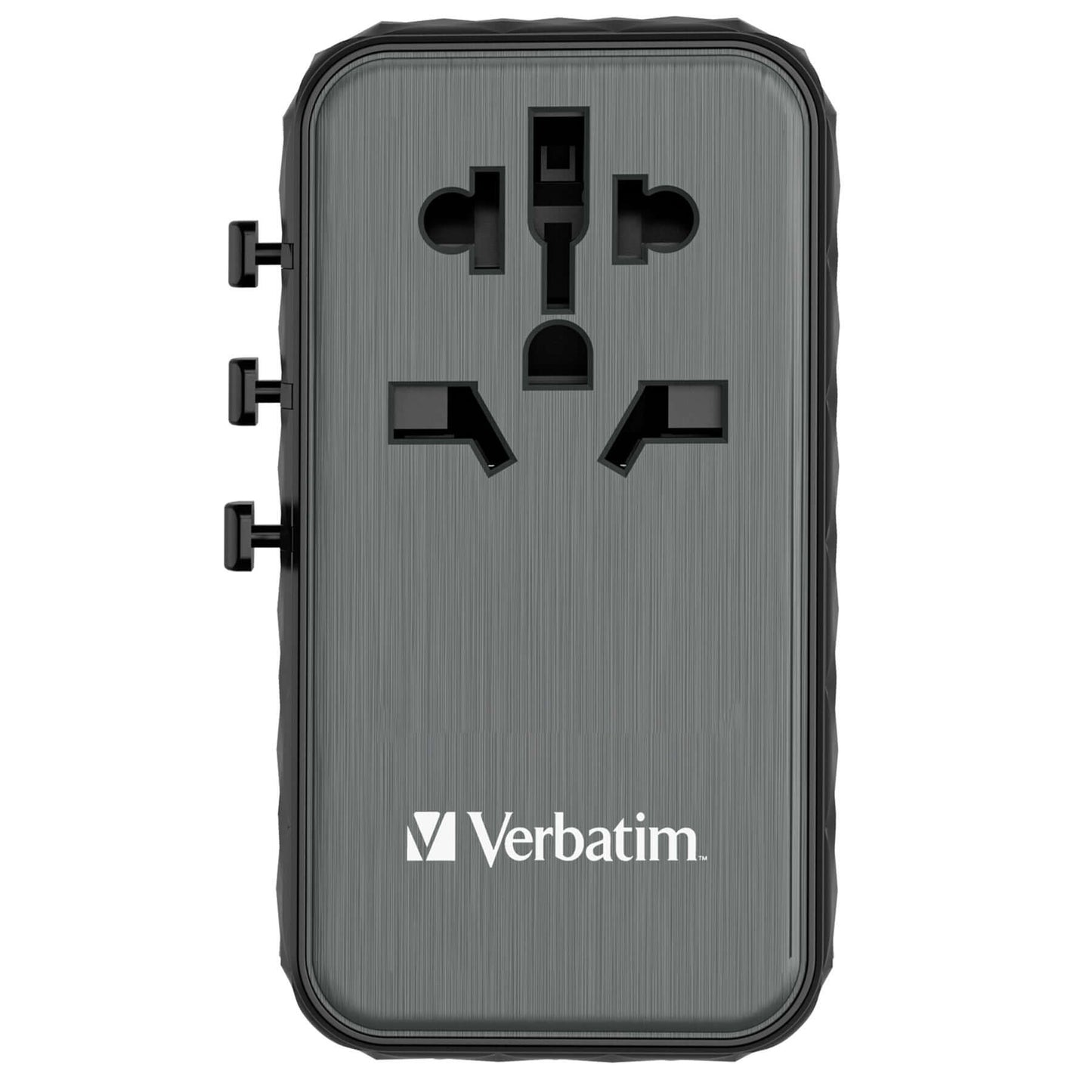 Verbatim 32121 GaN III 100W Universal Travel Adapter with multiple plug options and logo.