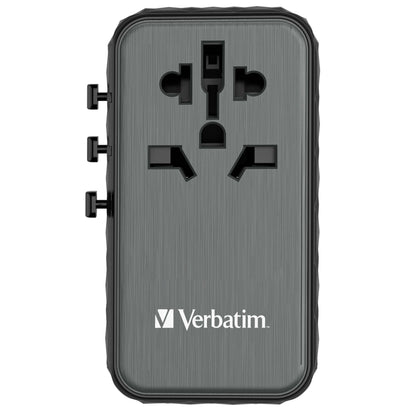 Verbatim 32121 GaN III 100W Universal Travel Adapter with multiple plug options and logo.