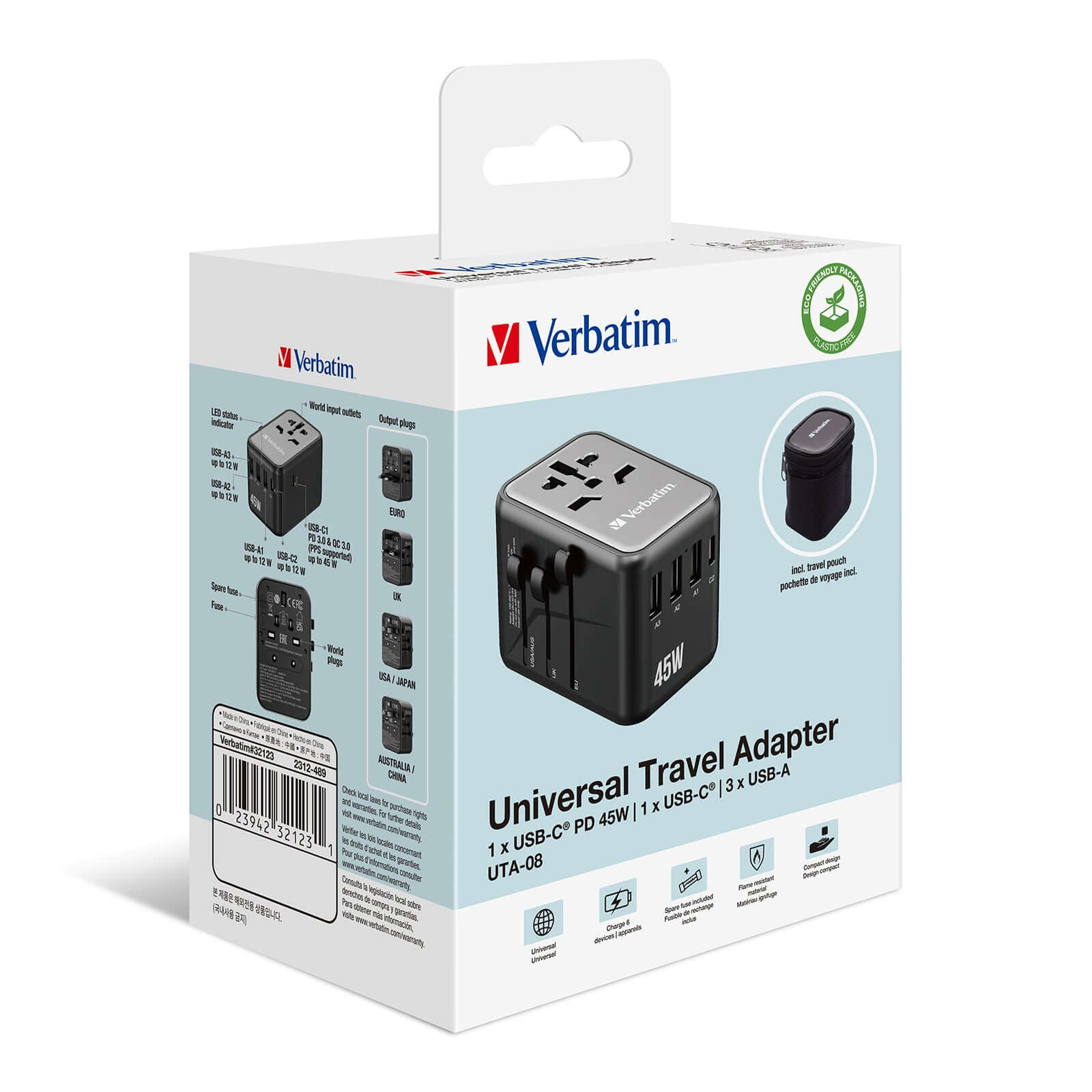 Verbatim 32123 5 Port 45W Universal Travel Adapter packaging with ports and features showcased.