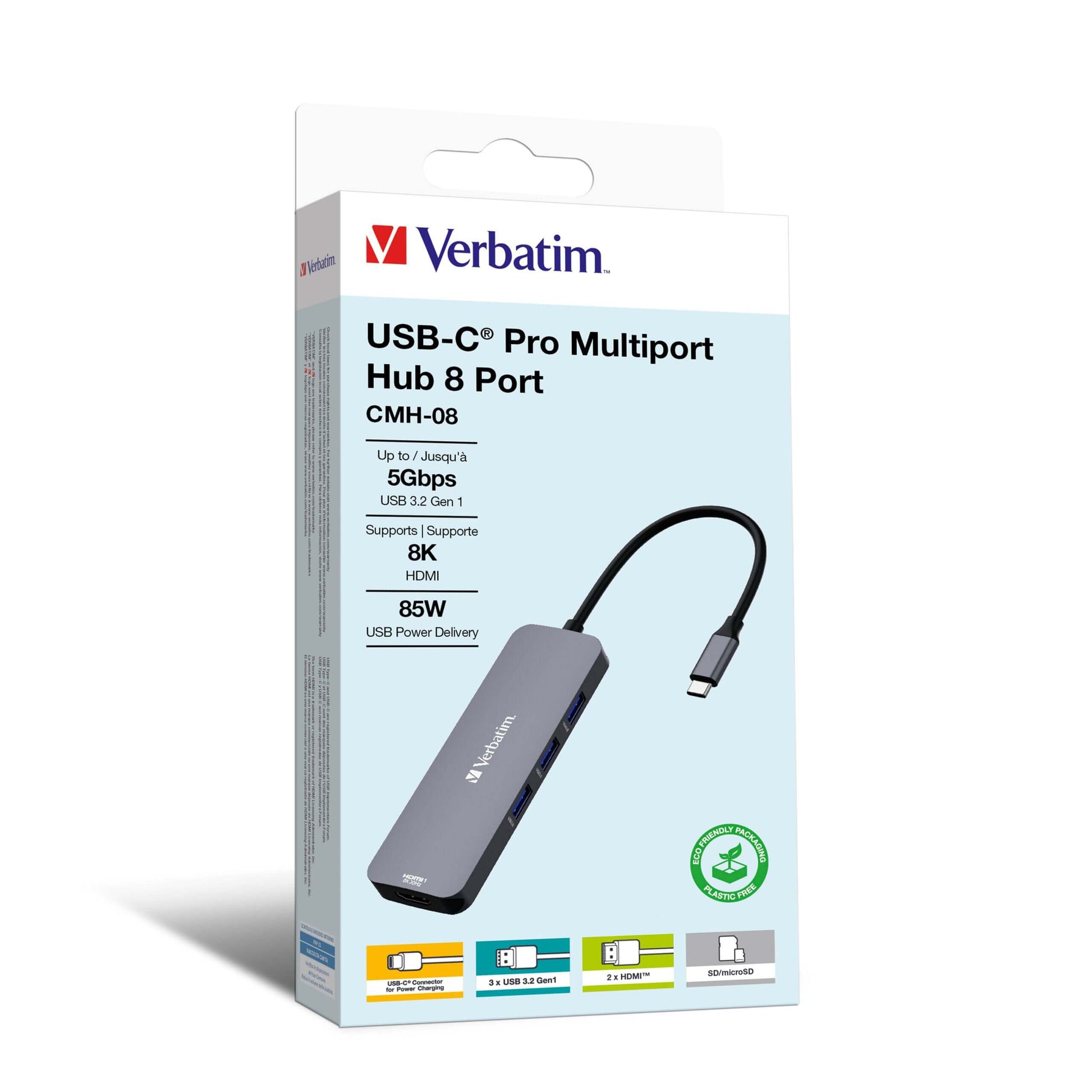 Verbatim USB-C Pro Multiport Hub 8 Port (CMH-08) packaging with multiple connection options and HDMI support.