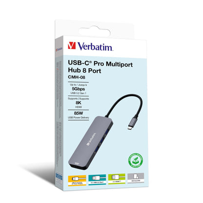 Verbatim USB-C Pro Multiport Hub 8 Port (CMH-08) packaging with multiple connection options and HDMI support.