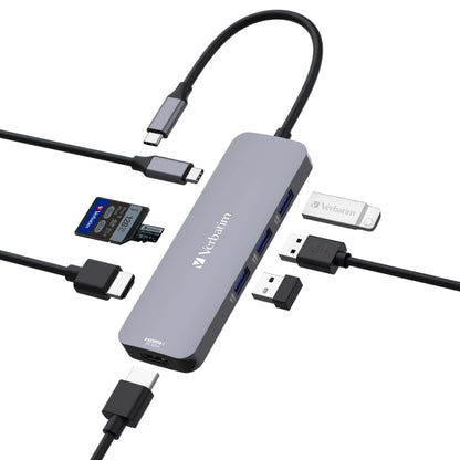 Verbatim USB-C Pro Multiport Hub 8 Port (CMH-08) with multiple ports and cables connected, ideal corporate gift.