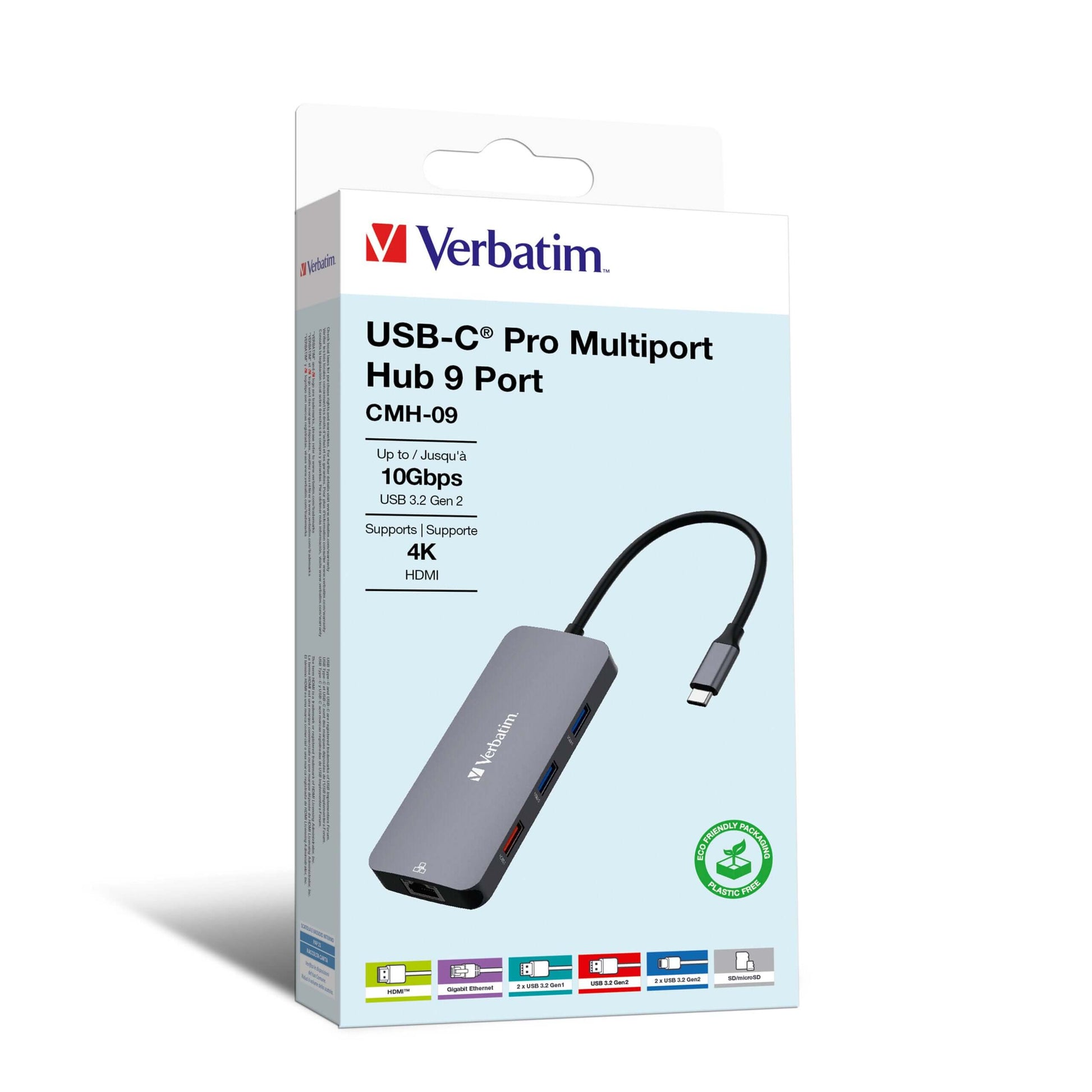 Verbatim USB-C Pro Multiport Hub 9 Port (CMH-09) packaging with 9 ports, HDMI, Ethernet, and card slots.