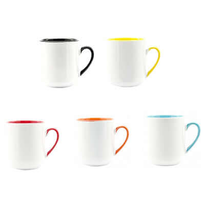 Five 300ml Dual Colour Ceramic Mugs with various colored handles and interiors, ideal for stylish beverages.