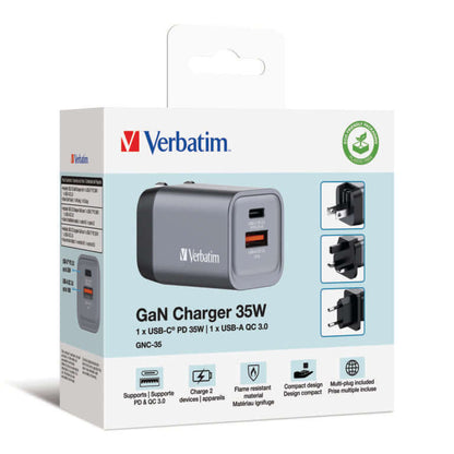 Verbatim 2-Port 35W GaN Charger 32200 packaging with USB ports for fast charging