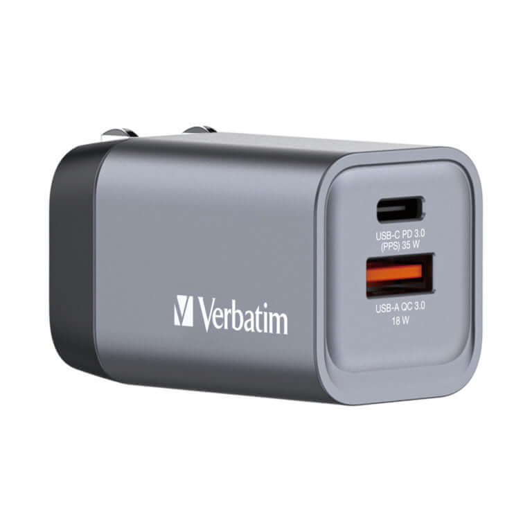 Verbatim 2-Port 35W GaN Charger 32200 showcasing USB-C PD 3.0 and USB-A QC 3.0 ports for efficient charging.