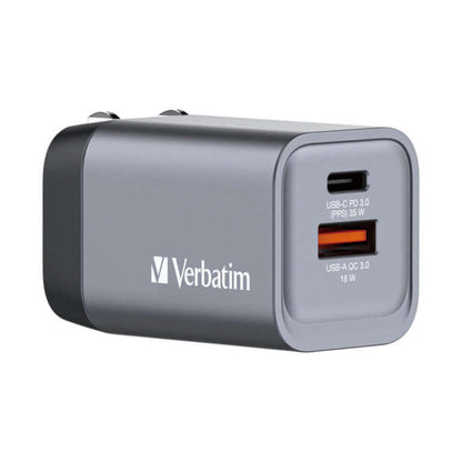 Verbatim 2-Port 35W GaN Charger 32200 showcasing USB-C PD 3.0 and USB-A QC 3.0 ports for efficient charging.