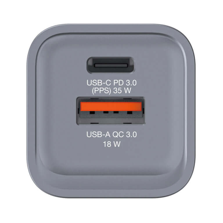 Verbatim 2-Port 35W GaN Charger 32200 with USB-C PD 3.0 and USB-A QC 3.0 ports.