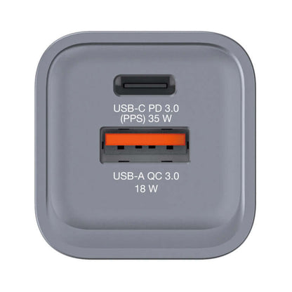 Verbatim 2-Port 35W GaN Charger 32200 with USB-C PD 3.0 and USB-A QC 3.0 ports.