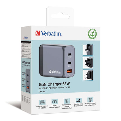 Verbatim 3-Port 65W GaN Charger 32201 packaging with USB-C and USB-A ports