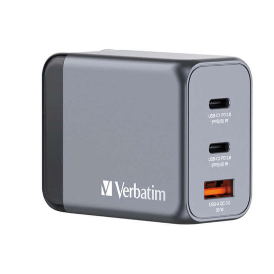 Verbatim 3-Port 65W GaN Charger 32201 showing 2 USB-C and 1 USB-A ports for efficient charging.