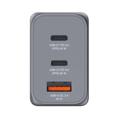 Verbatim 3-Port 65W GaN Charger 32201 showing USB ports for fast charging devices.