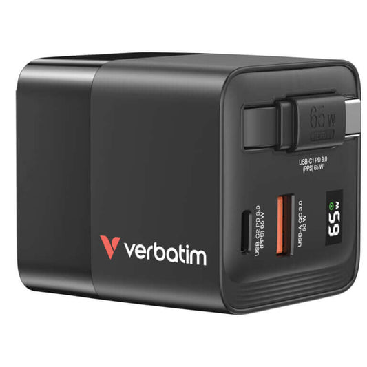 Verbatim 3-Port 65W GaN Charger with Retractable Cable & LED display side view with ports and power display