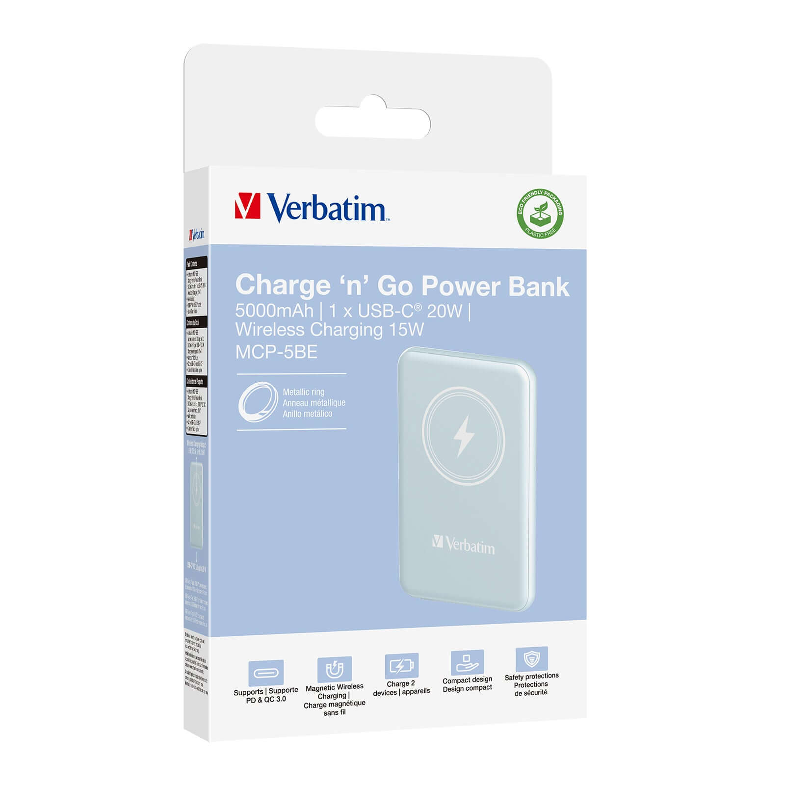 Verbatim 5000mAh Magnetic Wireless Power Bank (MCP-5) packaging showcasing dual charging capabilities and fast charging features.