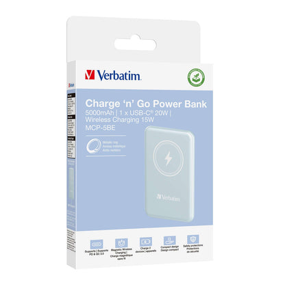 Verbatim 5000mAh Magnetic Wireless Power Bank (MCP-5) packaging showcasing dual charging capabilities and fast charging features.
