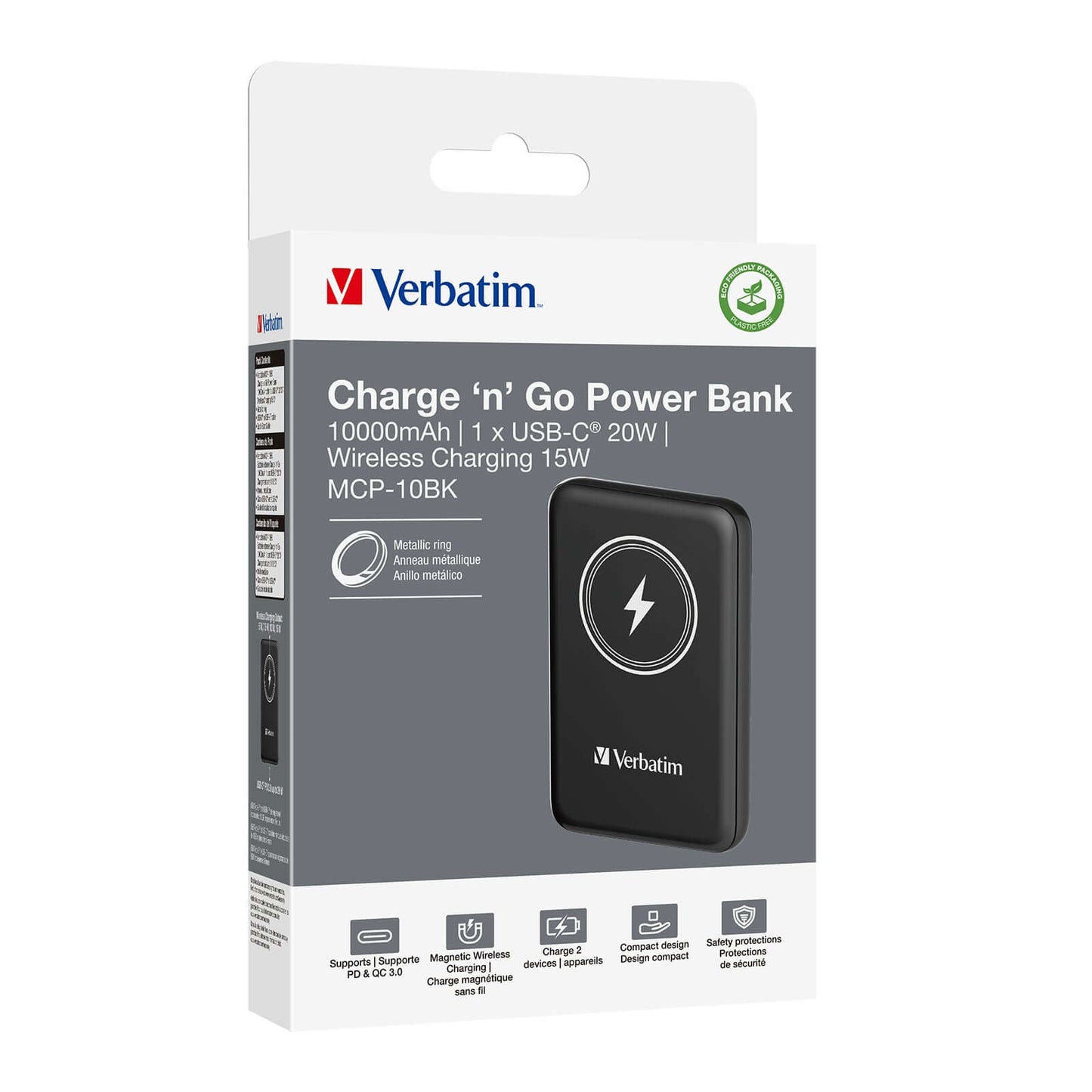 Verbatim 10000mAh Magnetic Wireless Power Bank (MCP-10) package showcasing versatile charging options.