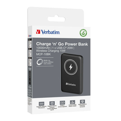 Verbatim 10000mAh Magnetic Wireless Power Bank (MCP-10) package showcasing versatile charging options.