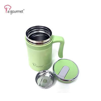 La Gourmet Spring 0.5L Thermal Mug With Strainer in green color with lid open, showcasing its design and quality.