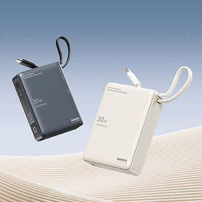 Remax RPP-86 30W Powerbank with Cable 10000mAh in black and white with built-in charging cables