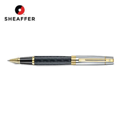 Sheaffer Engraved Black Rollerball Pen with Chrome Cap and Gold Trims on a white background.