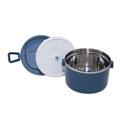 Round Single Layer Lunch Box 1000ml in blue, showcasing its stainless steel interior and durable design.