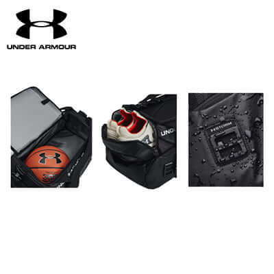 Under Armour Contain Duo Small Duffle with a basketball, shoes, and water-repellent features for an active lifestyle.
