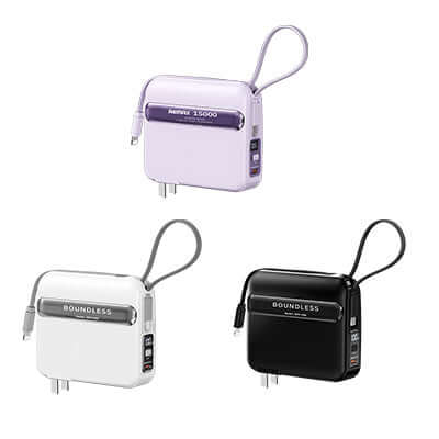 Remax RPP-588 Powerbank with Wall Plug 15000mAh in black, white, and purple colors.