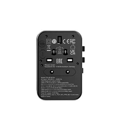 Verbatim 32124 GaN III 70W Universal Travel Adapter showing multiple ports and safety certifications.