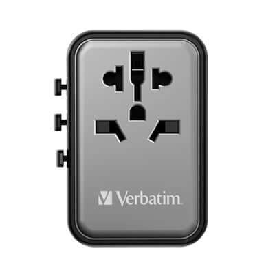 Verbatim 32123 5 Port 45W Universal Travel Adapter front view with multiple plug types for international use.