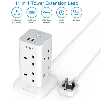 TESSAN Extension Cord Tower 8 Ways with 2 USB-A & 1 USB-C Ports for convenient charging and organized power use.