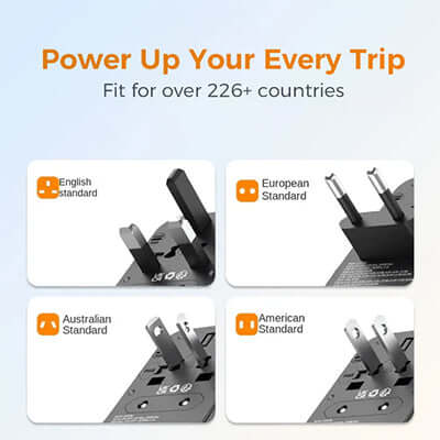 TESSAN 85W Travel Adapter with Built-in USB-C 75cm Cable power options for over 226 countries