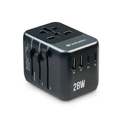Verbatim 32122 Universal Travel Adapter 28W with multiple ports for global charging.