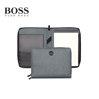 Hugo Boss Conference Folder A5 Gleam opened with dark grey grained texture, a stylish corporate gift for professionals.