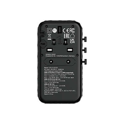 Back view of Verbatim 32125 GaN III Universal Travel Adapter 140W showcasing ports and specifications.