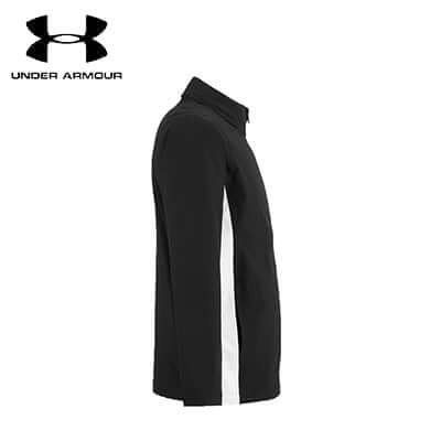 Under Armour Rival Stretch Woven Full-Zip Jacket in Black/White side view, perfect for warm-ups and corporate gifts.