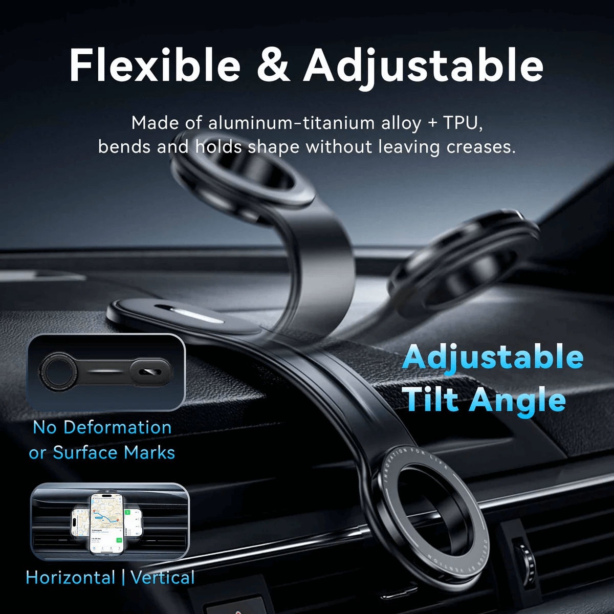 Vention Magnetic Car Phone Mount showing flexible and adjustable features for secure phone positioning in vehicles.
