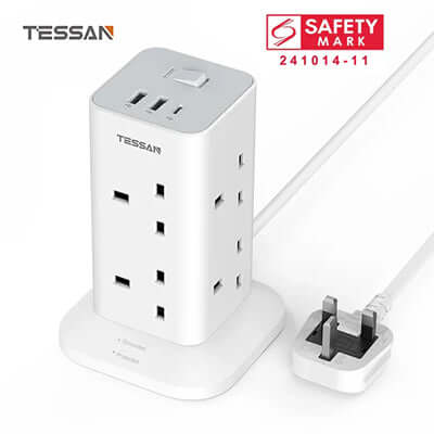 TESSAN Extension Cord Tower 8 Ways with 2 USB-A & 1 USB-C Ports for efficient device charging.
