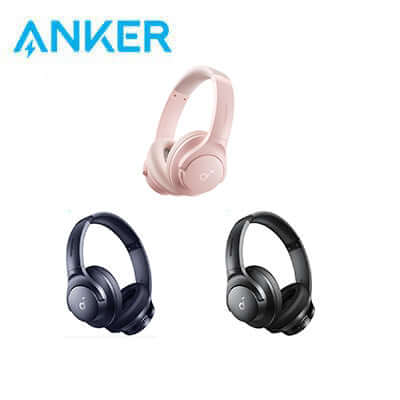 Anker Soundcore Q20i Hybrid Active Noise Cancelling Headphones in pink, blue, and black colors.