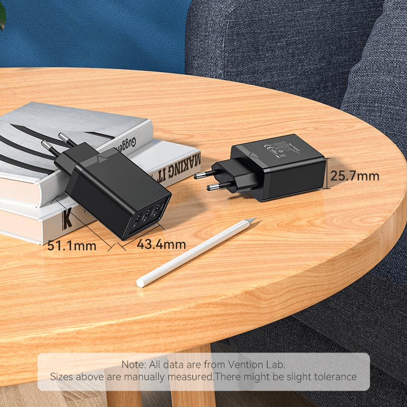 Vention 3-Port USB(A+A+A) Wall Charger 17W on wooden table with dimensions displayed.