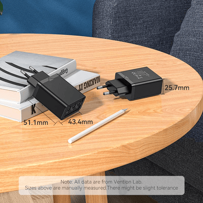 Vention 3-Port USB(A+A+A) Wall Charger 17W on wooden table with dimensions displayed.
