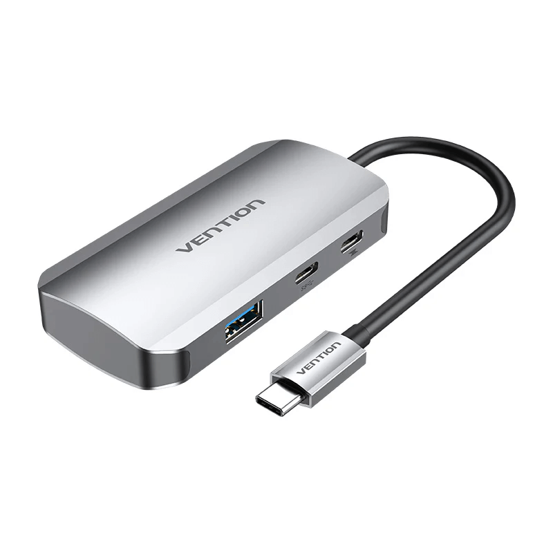 Vention 5-in-1 USB-C Hub with PD 100W, silver design for data transfer and charging.
